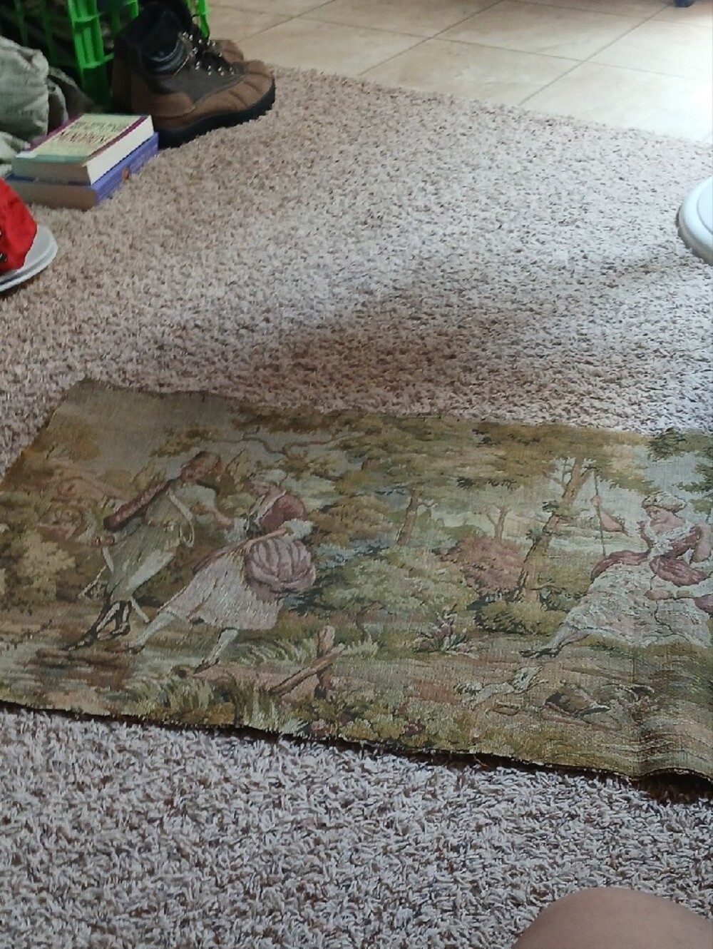 Vintage Tapestry Panel with Pastoral Couple in Soft Greens and Pinks - Picture 5 of 11